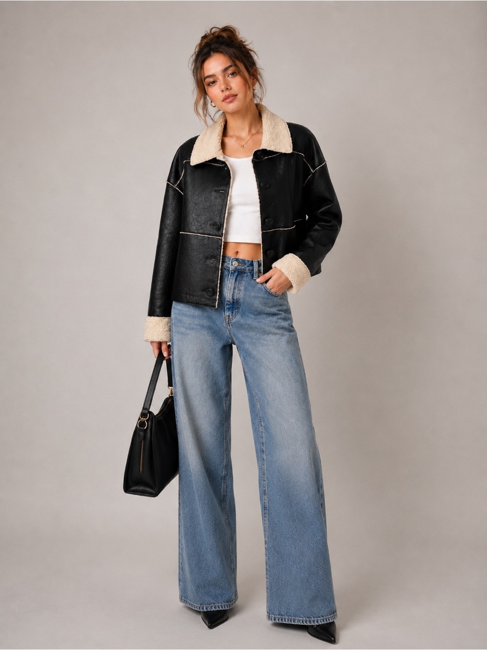 Steve Madden Tilia Vegan Leather Jacket Black Moto Coat Shearling NWT Size XL
